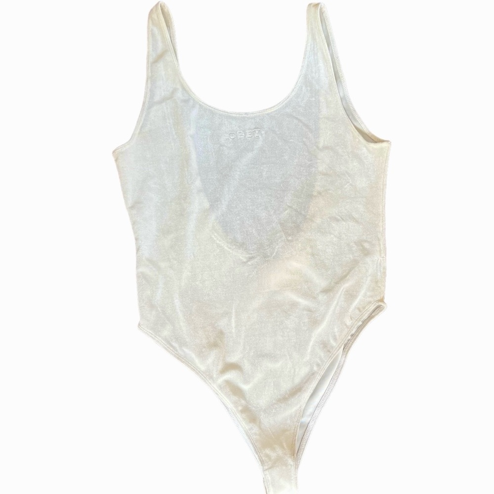 OBEY “Layla” velour/sheer tank bodysuit in color “Marshmallow” white SZ-LG-NWT